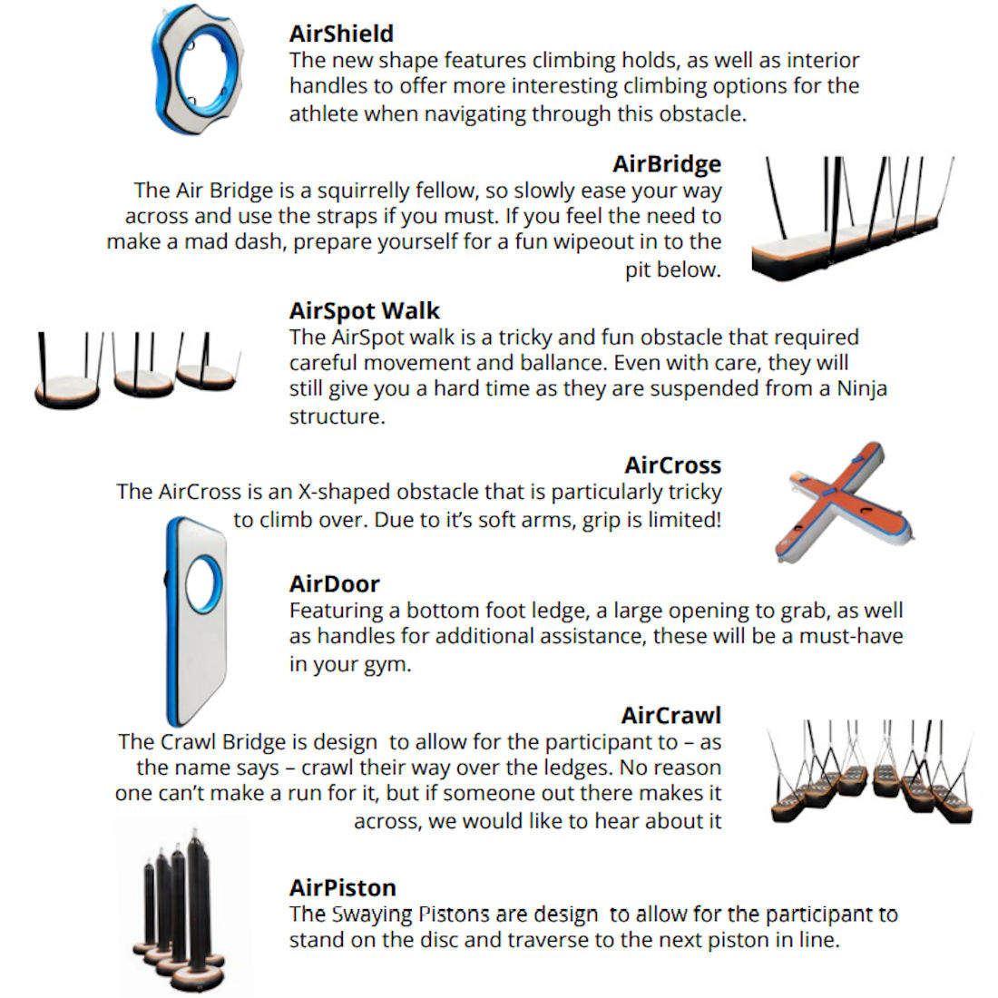 Ninja Air - Obstacles Übersicht - verschiedene Obstacles/Hindernisse von AirTrack Factory lassen sich perfekt miteinander kombinieren zu einem Parcour für den Ninja-Sport. Ninja Air - Obstacles Übersicht - luftgefüllte Hindernisse für den Ninja-Sport von AirTrack Factory